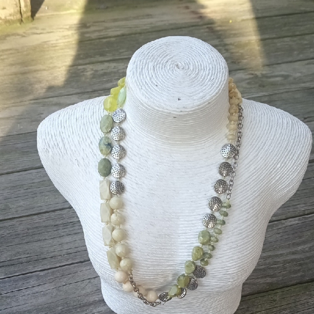 Green and Cream Beaded Necklace with Translucent Charm